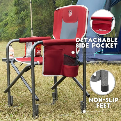 TIMBER RIDGE Aluminum Oversized Camping Chair, Lightweight Portable Directors Chair with Side Table Detachable Side Pocket for Outdoor Camping, Lawn, Picnic, Support 400lbs Red 2 Pack