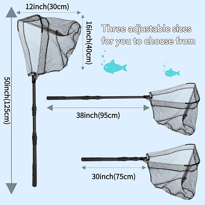 Folding Kayak Fishing Net with Aluminum Alloy Frame Rubber-Coated Nylon Net for Small Fishing Net Fishing Landing Net for Non-Slip Gloves Storage Bag