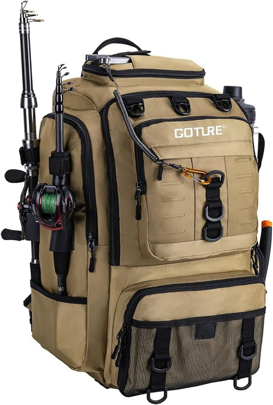 Goture 40L Fishing Tackle Backpack with Cooler and Removable Bait Binder, 900D Water-Resistant Tackle Backpack with 2 Rod Holders, Fishing Bag Storage Gear Tackle Bag with Rain Cover Khaki