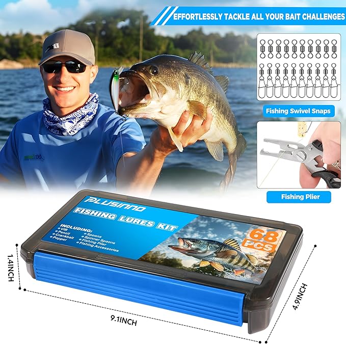 PLUSINNO Fishing Lures Fishing Tackle Box Fishing Gifts for Men, Bass, Trout Fishing Accessories Kit for Saltwater & Freshwater Fishing Gear Including Topwater Lures, Hooks, Spinnerbaits