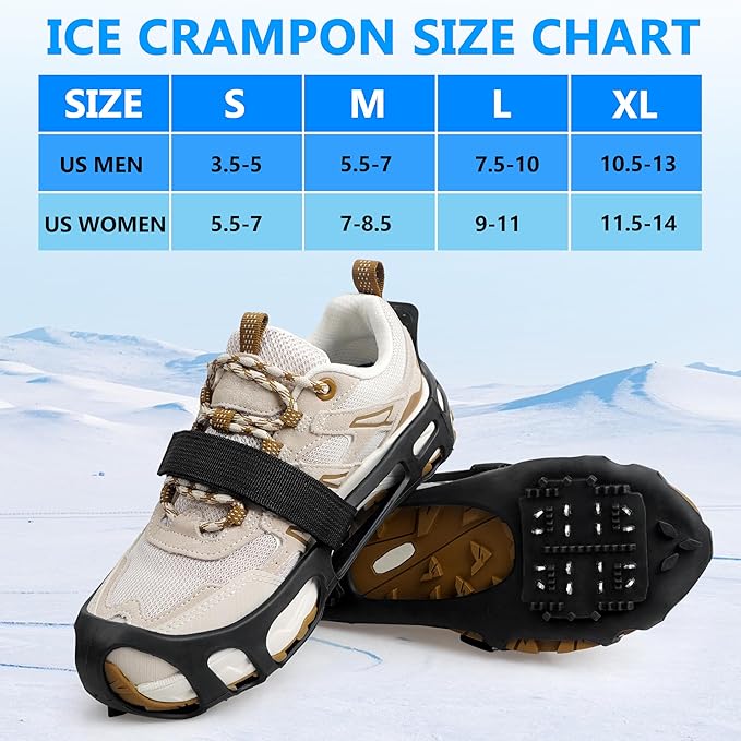 Ice Cleats for Shoes and Boots Walk Traction Crampons Anti Slip 24 Studs Ice Snow Grippers for Women Men Kids Winter Hiking Climbing Fishing Gear