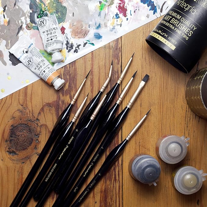 ARTEGRIA Detail Paint Brush Set, 8 Miniature Brushes with Extra Fine Tips and Ergonomic Handles, for Small Scale Models, Figurines, Paint by Numbers for Adults