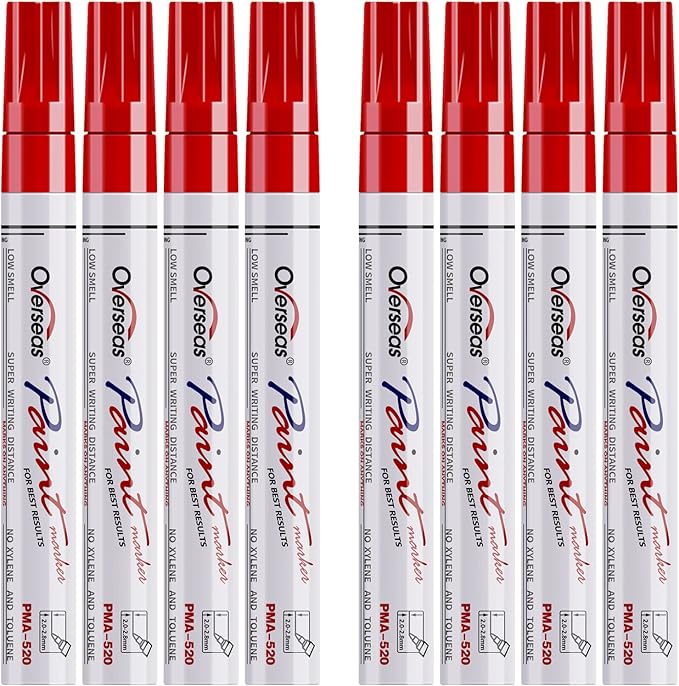 Overseas Paint Pens Paint Markers - Red Permanent Markers 8 Pack, Oil Based Waterproof Quick Dry Medium Tip Marker Pen for Metal, Wood, Fabric, Plastic, Rock, Stone, Mugs, Canvas, Glass, Art Craft