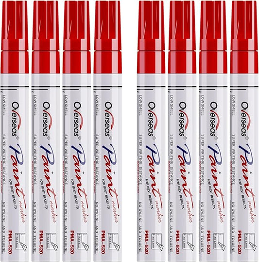 Overseas Paint Pens Paint Markers - Red Permanent Markers 8 Pack, Oil Based Waterproof Quick Dry Medium Tip Marker Pen for Metal, Wood, Fabric, Plastic, Rock, Stone, Mugs, Canvas, Glass, Art Craft