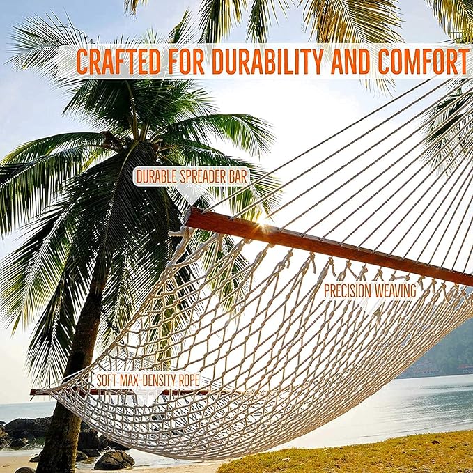Castaway Living 13 ft. Double Traditional Hand Woven Oatmeal Polyester Rope Hammock – 2-Person, 450 lb Capacity, Free Extension Chains & Tree Hooks, Designed in The USA