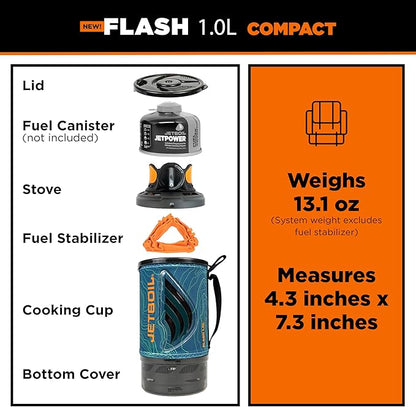 Jetboil Flash 1.0L Portable Fast Boil Stove for Camping and Backpacking with 1-Step Auto Ignition, New for 2025, Propane/Isobutane Burner with Cooking Cup
