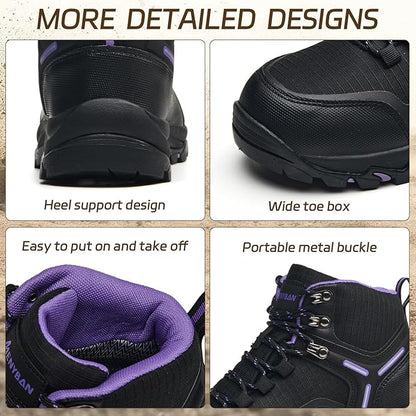 Waterproof Women's Hiking Boots with Wide Toe Box Lightweight Non-Slip Grip Ankle Support, Durable Comfort for Trekking, Trail Running, and Outdoor Adventures