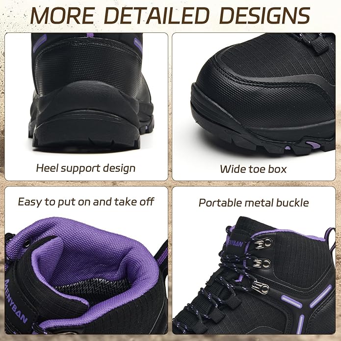 Waterproof Women's Hiking Boots with Wide Toe Box Lightweight Non-Slip Grip Ankle Support, Durable Comfort for Trekking, Trail Running, and Outdoor Adventures