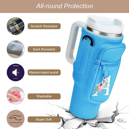 Initial Water Bottle Holder with Strap for Stanley 40 oz Tumbler/Simple Modern 40 oz Tumbler,Water Bottle Carrier Bag with Strap,Personalized A-Z Phone Pocket for Stanley Cup Accessories