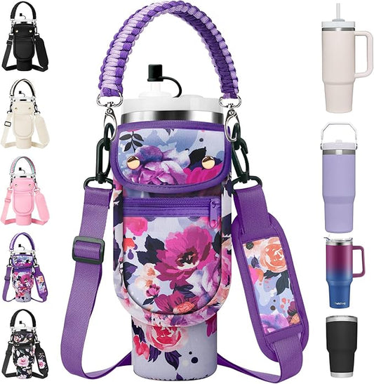 Water Bottle Carrier Bag with Phone Pocket for Stanley 40/30 oz Tumbler Neoprene Insulated Mug Sleeve Pouch with 2 Pockets & Adjustable Strap & Straw Cover for Stanley Cup Accessories