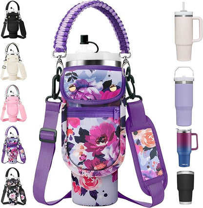 Water Bottle Carrier Bag with Phone Pocket for Stanley 40/30 oz Tumbler Neoprene Insulated Mug Sleeve Pouch with 2 Pockets & Adjustable Strap & Straw Cover for Stanley Cup Accessories