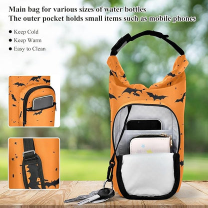 Halloween Black Bats Orange Water Bottle Holder with Strap Insulated Water Bottle Carrier Crossbody Bags Pouch with Phone Pocket for Travel Gym Hiking Walking Running