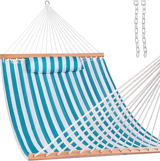 Lazy Daze Hammocks 12FT Quilted Fabric Double Hammock with Spreader Bars and Detachable Pillow, 2 Person Hammock for Outdoor Patio Backyard Poolside, 450 LBS Weight Capacity, Sailor Stripe