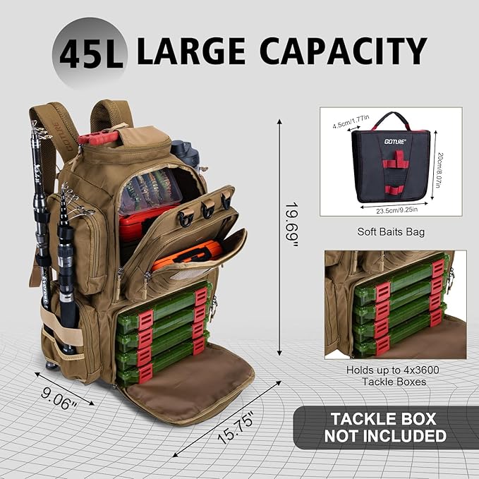Goture Fishing Backpack, 900D Water-Resistant Tackle Backpack with Rod Holders, 45L Large Fishing Bag Storage Gear Tackle Bag with Rain Cover, Soft Bait Binder for Camping Hiking (Without Tackle Box)
