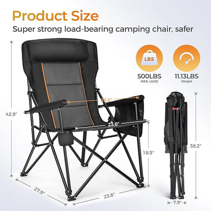 ALPHA CAMP Heavy Duty High Back Camping Chairs with Cup Holder Oversized Folding Chair Outdoor Chair with Headrest,Lawn with Side Pocket for Lawn, Sports and Fishing, 500lbs