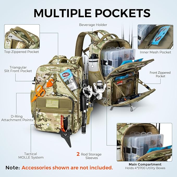 KastKing KarryAll KastMate Fishing Tackle Backpack,Water-Resistant Tackle Bag With 2 Rod Holders,Fishing Gear and Equipment With Large Gear Storage,Khaki Camo