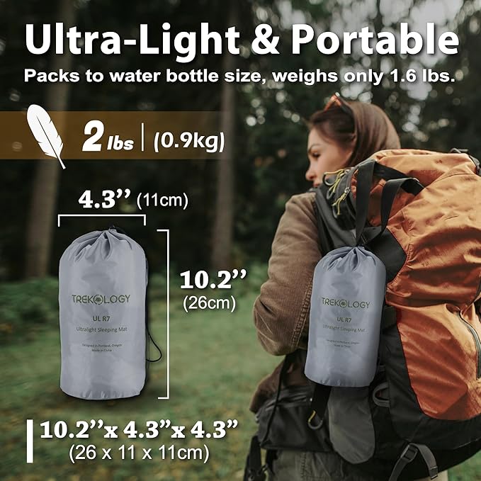 TREKOLOGY Sleeping Pad for Camping– Ultra-Lightweight, 4" Thick Camping Mat with 7.2 R-Value for All Seasons– Compact, Durable & Waterproof–Ideal for Backpacking, Hiking, and Outdoor Adventures UL R7