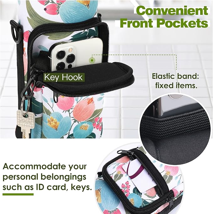 Nuovoware Water Bottle Carrier Bag,25oz/40oz/64oz Bottle Pouch Holder,Adjustable Shoulder Hand Strap 2 Pocket Sling Neoprene Sleeve Sports Accessories for Hiking Travelling Camping