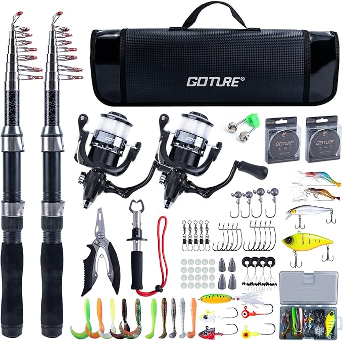 Goture Fishing Rod and Reel Combos-2PCS Telescopic Fishing Pole+2PCS Pre-Loaded Spinning Reels with Carrier Bag,1.8M-2.7M Telescopic Rod Reel Kit for Starter Travel Saltwater Freshwater,Gifts for Men