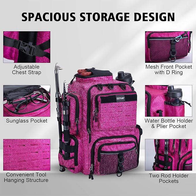 Goture Fishing Backpack,900D Water-Resistant Tackle Backpack with Rod Holders,45L Large Fishing Bag Storage Gear Tackle Bag with Rain Cover,Bottle Holder for Travel Camping Hiking(Without Tackle Box)