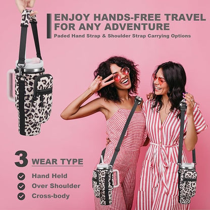 Water Bottle Carrier Bag with Phone Pocket for Stanley 40 & 30 oz Tumbler with Handle,Pink Insulated Neoprene Cup Holder Pouch w/Adjustable Strap for Quencher H2.0 Stanley Cup Accessories