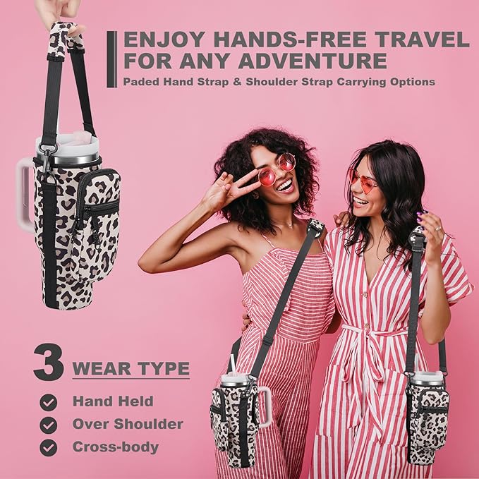 Water Bottle Carrier Bag with Phone Pocket for Stanley 40 & 30 oz Tumbler with Handle,Pink Insulated Neoprene Cup Holder Pouch w/Adjustable Strap for Quencher H2.0 Stanley Cup Accessories
