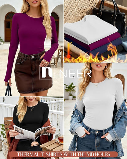 Neer 4 Pack Women's Fleece Thermal Long Sleeve Shirts, Thumb Holes Crew Neck Slim Fit Tops Warm Workout Basic Undershirt