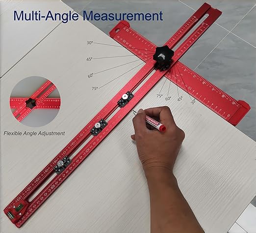 5-in-1 T Square Ruler 24 Inch, Multifunctional Drilling Positioning Ruler for Precision Hole Punching, Cabinet Hardware Jig, Adjustable Angle Ruler for Angle Measurement, Metric & Imperial