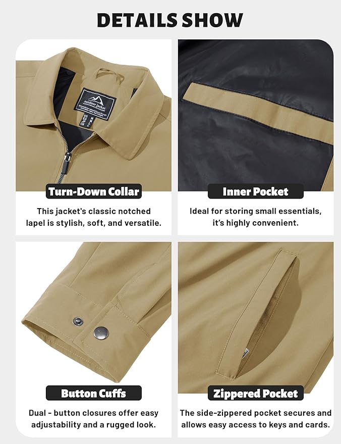 TACVASEN Mens Lightweight Windbreaker Full Zip Up Laydown Collar Jackets Light Casual Coat with Zip Pockets