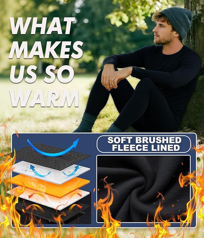 2 Pack Thermal Underwear Long Johns for Men Fleece Lined Base Layer Tops and Bottoms Set Cold Weather Winter Gear