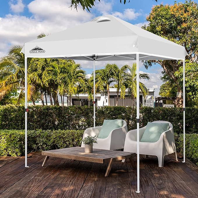 EAGLE PEAK Pop Up Canopy Tent with Wheeled Carry Bag, 8 Stakes, 4 Ropes, Easy Set Up Tent Canopy, 6.6x6.6 ft, White