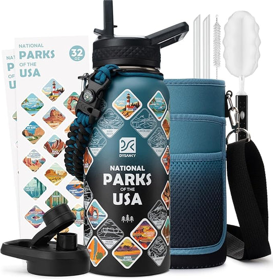 32 oz Insulated Water Bottle | Thickened Stainless Steel Vacuum Metal | Portable Sports Water Jug for Gym and Hiking with Straw, Carrier Bag, Handle Strap | BPA-Free 32 oz