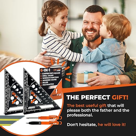 THORVALD 2 Carpenter Square 7 inch (1/16" Precision) + 2 Pencils + 12 Leads - T Square Multi-Purpose Carpenter Tools : Wrench, Protractor, Ruler, Marking Gauge, Drill Gauge, Carpentry Pencil