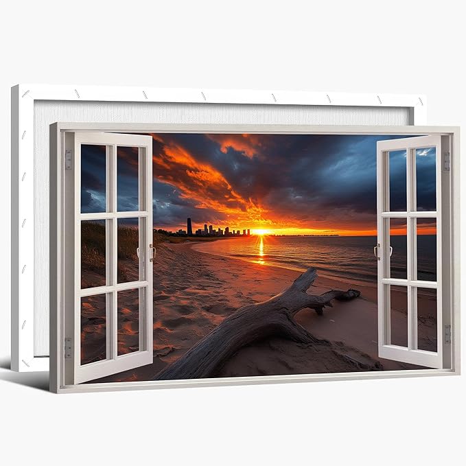 ANRUOXI Beach Window Canvas Wall Art, Bedroom Living Room Ocean Sunset Coastal Scene Picture, Tropical Sea Tree Landscape Painting Print Artwork Horizontal Seascape Artwork for Bedroom 24x36 Inch