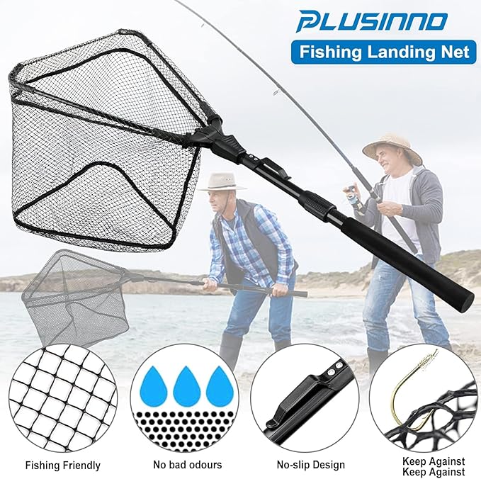 PLUSINNO Fishing Net Fish Landing Net, Foldable Collapsible Telescopic Pole Handle, Durable Nylon Material Mesh, Safe Fish Catching or Releasing