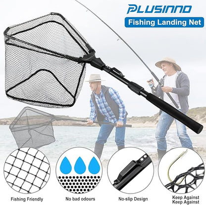 PLUSINNO Fishing Net Fish Landing Net, Foldable Collapsible Telescopic Pole Handle, Durable Nylon Material Mesh, Safe Fish Catching or Releasing