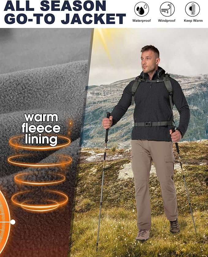 33,000ft Men's Hooded Softshell Jacket Waterproof Lightweight Insulated Windbreaker Fleece Lined Rain Shell Jacket