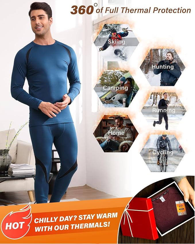 Muezna Men's Thermal Top and Bottom Set Underwear Long Johns Base Layer with Soft Fleece Lined