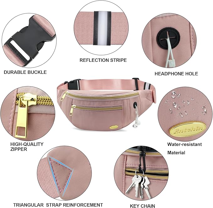 Entchin Fanny Pack for Women Men,Crossbody Belt Bag with 4-Zipper Pockets,Adjustable Waist Bag Pack,One of the Most Popular Travel Essential Gifts for Walking,Traveling,Cycling