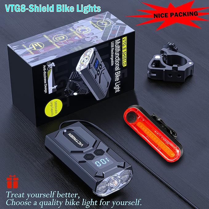 Victagen Super Bright Bike Lights 8000Lm for Night Riding, Super Bright 3 LED Lights for Bike/Bicycle Headlight with High Beam & Low Beam TypeC Rechargeable, Free Taillights