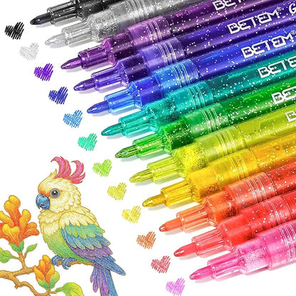 Betem Glitter Markers Pen, 12 Colors Sparkly and Shiny Metallic Markers Fine Tip Water-based Ink Glitter Pens For Scrapbooking Supplies, Glass, Mugs, Rock Painting, Cards, Christmas Gifts for Teens