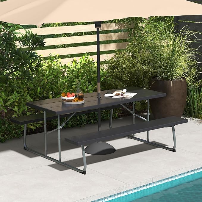 Tangkula 6 Ft Folding Picnic Table, Outdoor 8 Person Large Picnic Table Set with 2 Built-in Benches, Umbrella Hole, Metal Frame & HDPE Tabletop for Garden, Backyard (Black)
