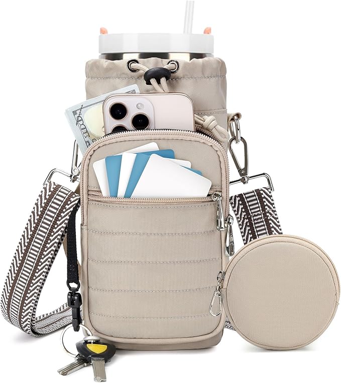 Water Bottle Carrier Bag with Strap, Sling Bag for Walking, Hiking, Cycling, Black, 40 Ounces