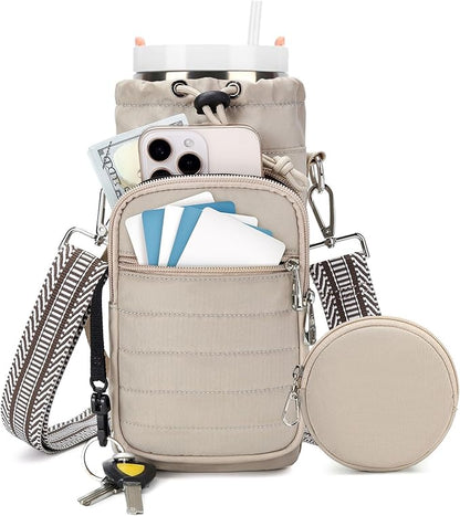 Water Bottle Carrier Bag with Strap, Sling Bag for Walking, Hiking, Cycling, Black, 40 Ounces