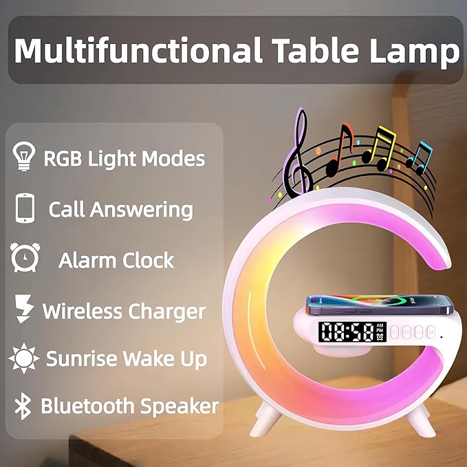 LED Table Lamp with Wireless Charger, G Shaped Night Light Lamp with Bluetooth Speaker, Sunrise Alarm Clock, Smart Mini Atmosphere Lamp for Bedroom, Office, Living Area (White)