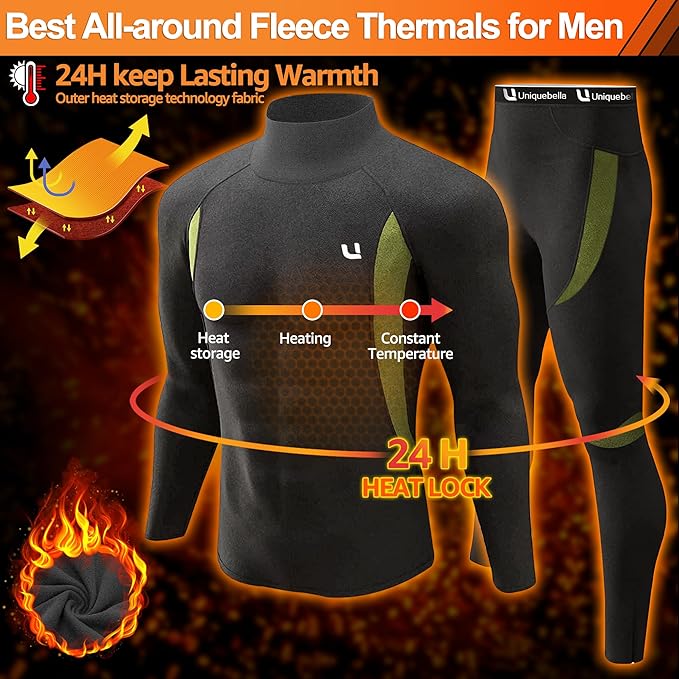 UNIQUEBELLA Men's Thermal Underwear Sets Top & Long Johns Fleece Sweat Quick Drying Thermo Base Layer