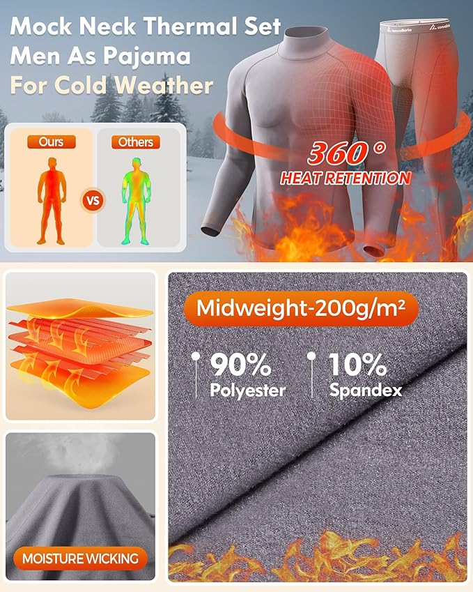 CL convallaria Thermal Underwear for Men Long Johns Fleece Lined Hunting Gear Set Base Layer for Cold Weather XS-4XL