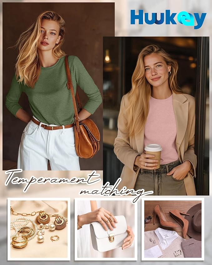 Huukeay 5 Pack Women's Crew Neck Long Sleeve Shirts, Cotton Blend Casual Clothes Workout Basic Layering Tee Tops Multipack