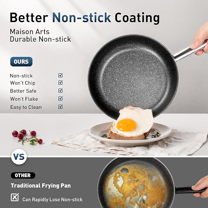 MAISON ARTS Plasma Titanium Coating Non stick Cookware Sets, 6 Piece Induction Pots and Pans Set, Non-Toxic Deep Frying Pan and Casserole with Silicone Glass Lid