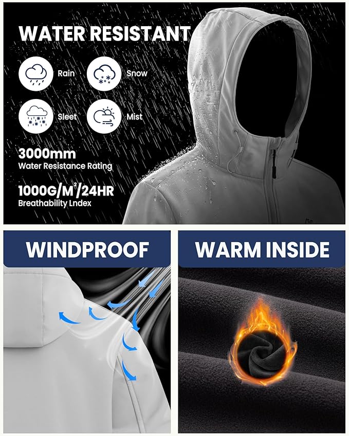 WULFUL Men's Lightweight Softshell Jacket Warm Fleece Lined Windbreaker Waterproof Soft Shell for Outdoor Hiking